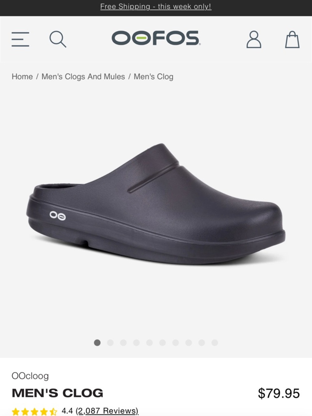 Oofos Men’s Classic Black Clog Mules